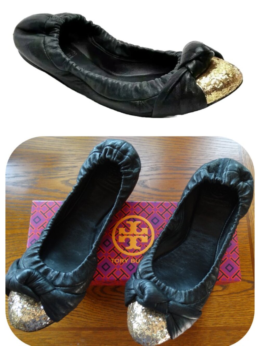 TORY BURCH Size 9.5-10M KATIE Travel Ballet Flats, cap-toe glitter gold, knot